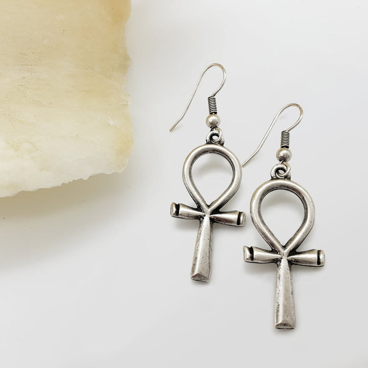 Large Ankh Earrings - Antique Silver Finish