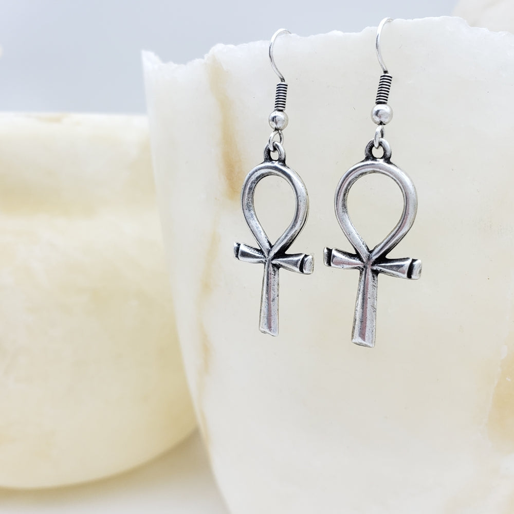 Large Ankh Earrings - Antique Silver Finish