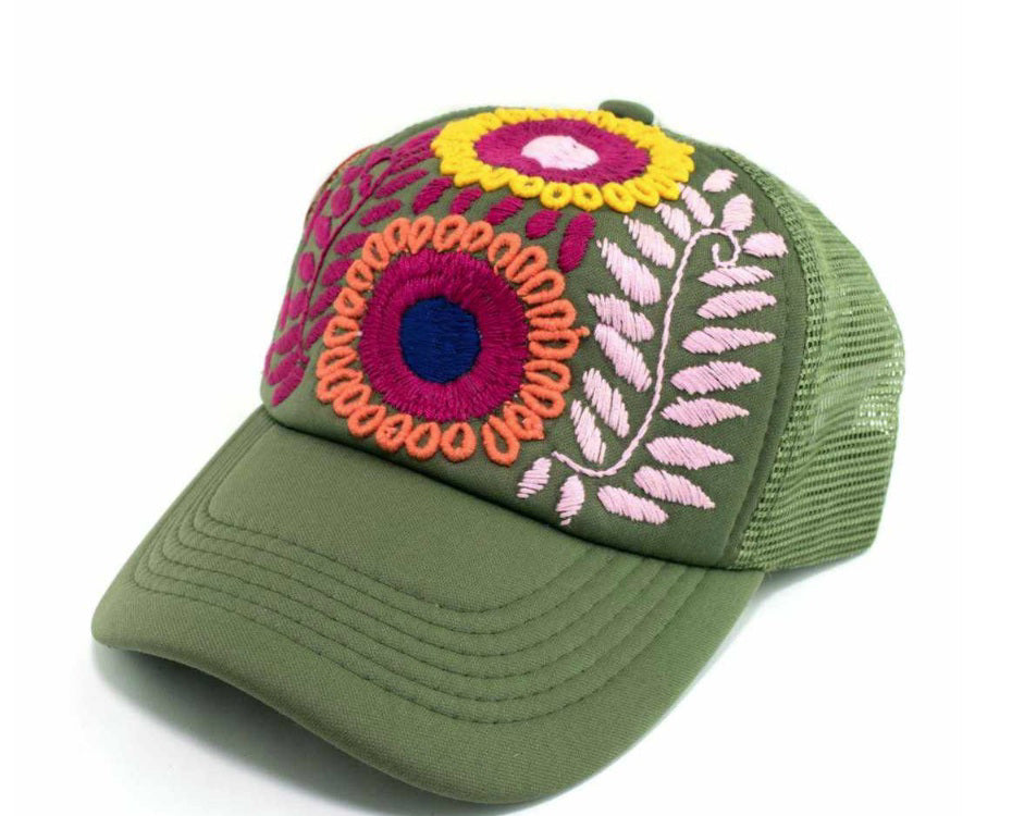 Embroidered Floral Hat- Olive