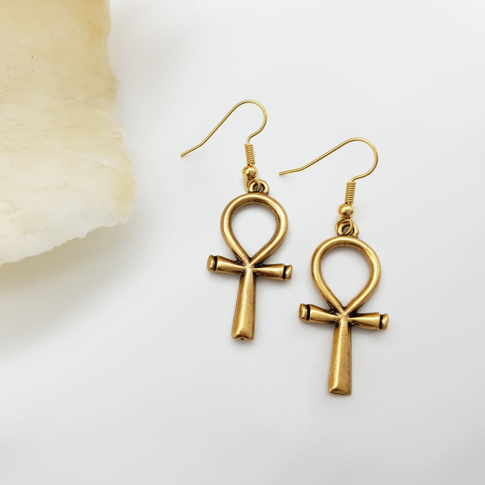 Large Ankh Earrings - Antique Gold Finish