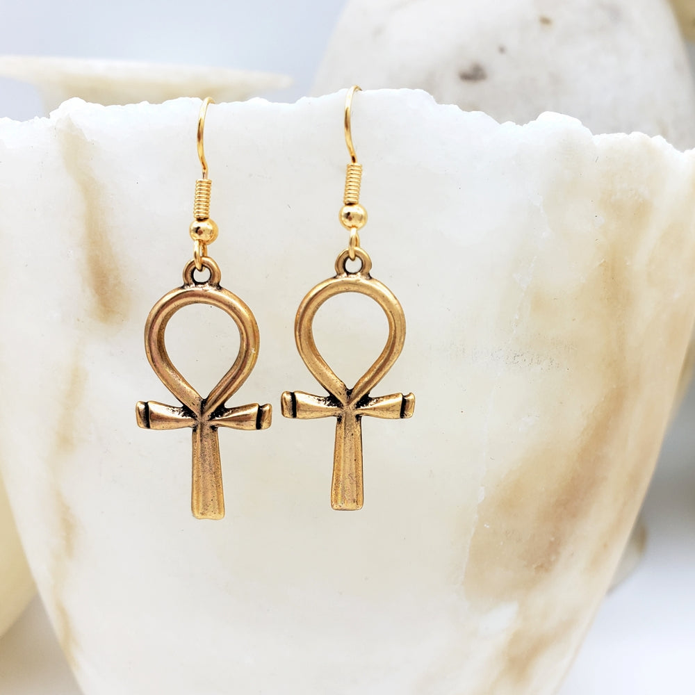 Large Ankh Earrings - Antique Gold Finish