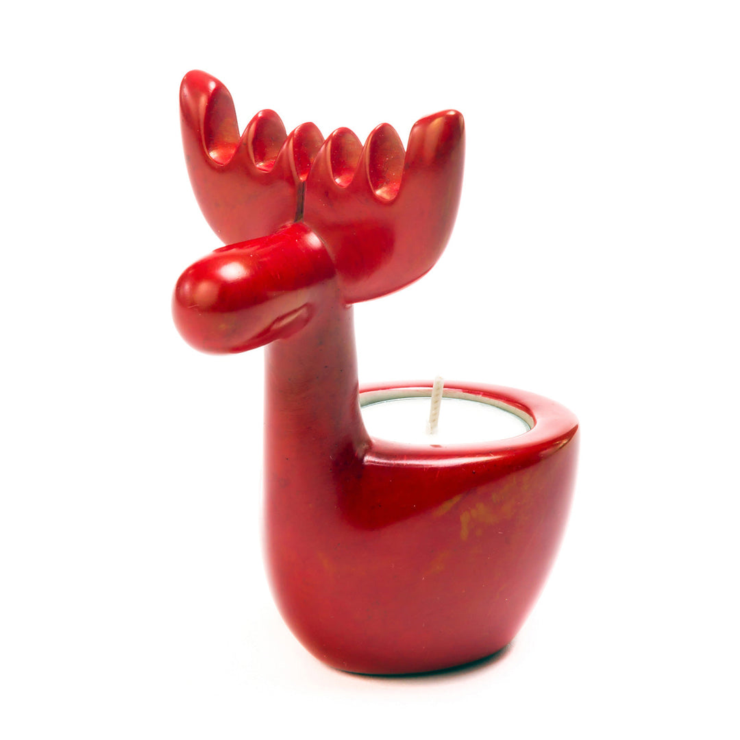 Red Reindeer Soapstone Tealight Candle Holder  Swahili Imports   