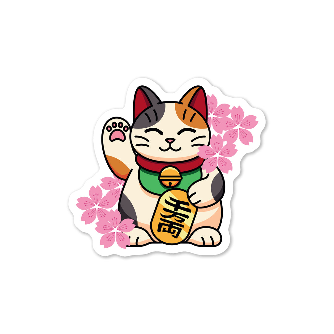 Lucky Cat with Cherry Blossoms Sticker Decorative Stickers Sticker Ninja