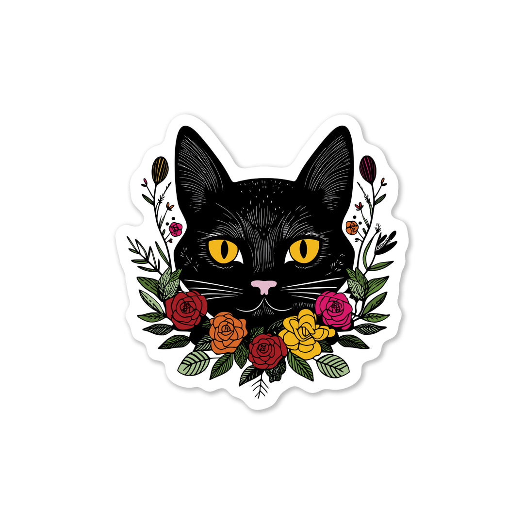 Black Cat with Flowers Sticker Decorative Stickers Sticker Ninja