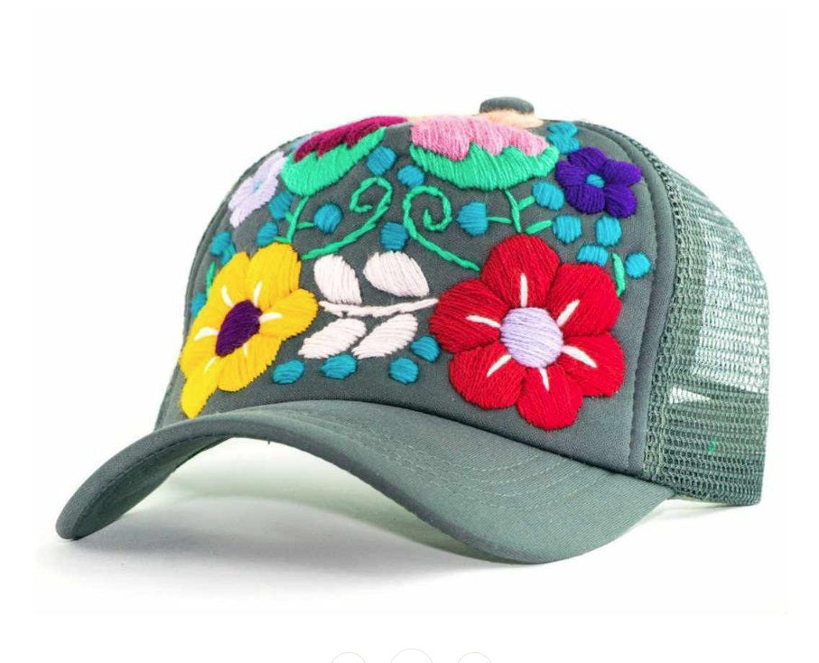 Embroidered Floral Hat- Gray
