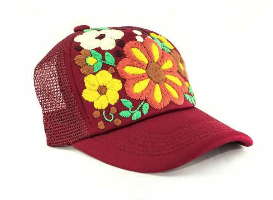 Embroidered Flower Hat- Maroon
