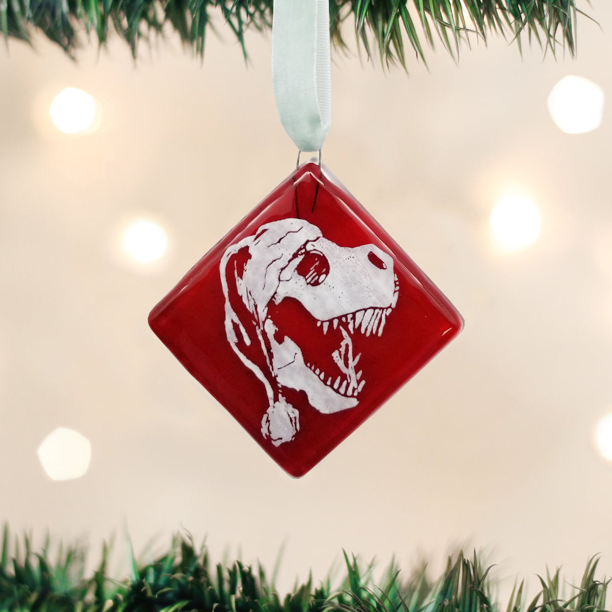 Dancing Dino Santa Glass Ornament